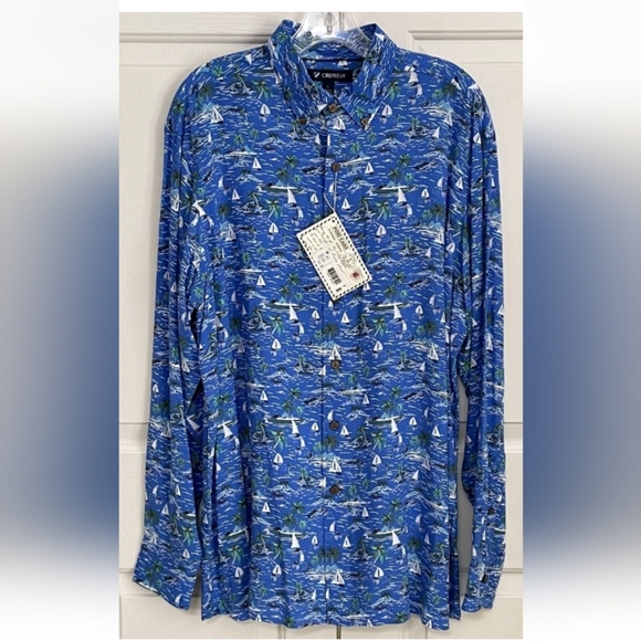 New Retro Sailboat XL Cabana Ocean Blue Island Print Button Down Shirt - Picture 3 of 9
